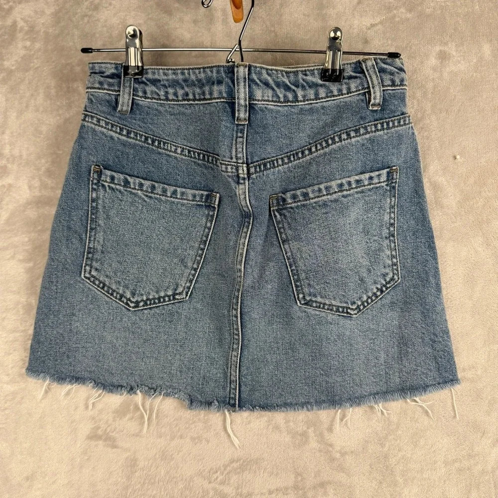 We The Free Free People Denim Mini Skirt Blue Front Zip Raw‎ Hem Size 26